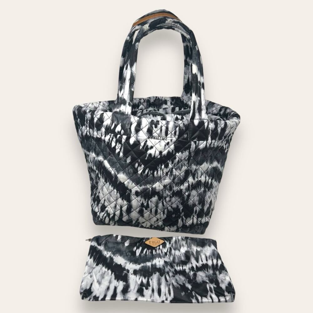 MZ Wallace Metro Tote in Wave Tie Dye Black Gray White Zipper Quilted Bag